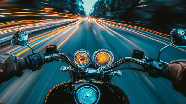 Motorcyclist driving fast at night with motion blur effect photo