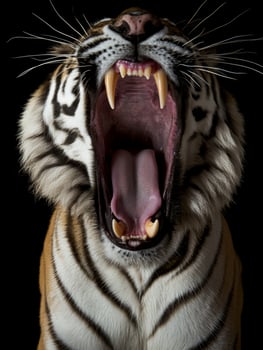 Siberian tiger showing teeth yawning on black background photo