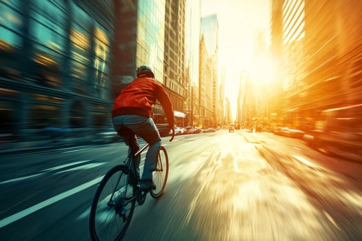 Bicyclist riding through vibrant city street. Urban cycling adventure through vibrant city streets photo
