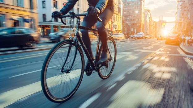 Bicyclist riding through vibrant city street. Urban cycling adventure through vibrant city streets photo