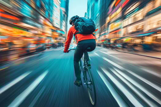 Bicyclist riding through vibrant city street. Urban cycling adventure through vibrant city streets photo