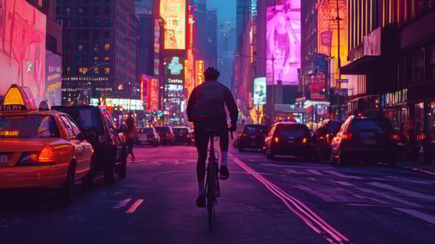 Bicyclist riding through vibrant city street. Urban cycling adventure through vibrant city streets photo