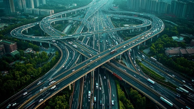 Aerial view of highway road interchange with busy urban traffic speeding on the road photo