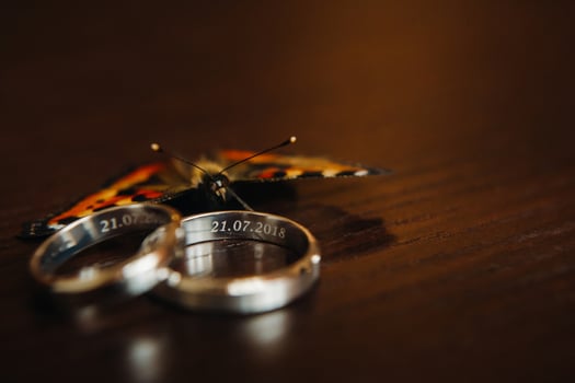 Close-up of two gold wedding rings for a wedding photo
