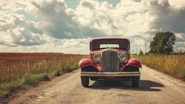 Vintage car parked on scenic country road. Old retro car photo