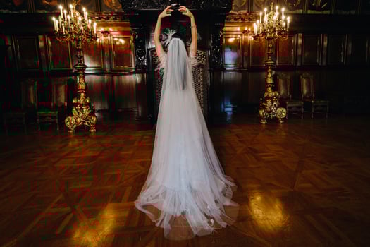 A bride in a wedding dress stands with her back in the ancient interior of the castle photo
