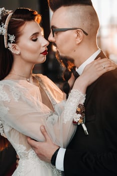 Stylish wedding couple in the interior. Glamorous bride and groom photo