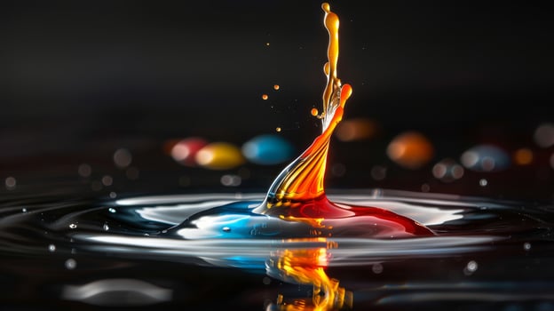 Vibrant colors and fluid dynamics in a stunning high-speed water splash photograph with bright droplets. photo