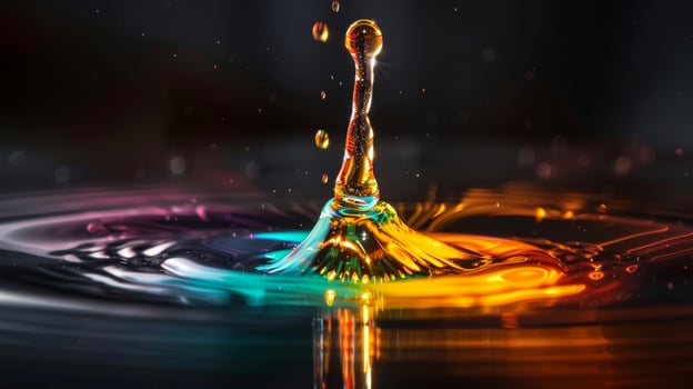 Mesmerizing close-up of a colorful water splash captured mid-air, highlighting vibrant, swirling hues. photo