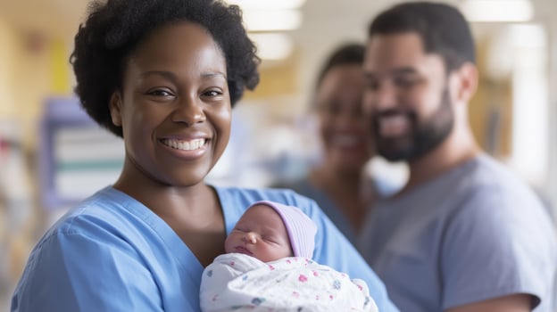 Diverse Healthcare Team Celebrating Birth of Newborn Baby in Hospital Setting Medical Staff, New Parents, Joyful Moments photo