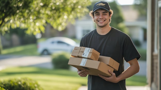 Young Man Delivering Packages Outdoors, Smiling Courrier Holding Cardboard Boxes in Driveway photo