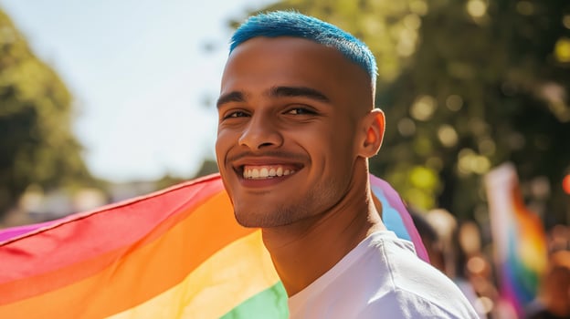 Proud Young Man with Neon Blue Buzz Cut Celebrating LGBTQ Pride with Rainbow Flag in Summer Outdoor Festival photo