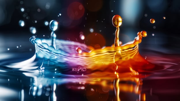 Colorful water droplets collide, forming vibrant ripples with vivid details, capturing highspeed action photo