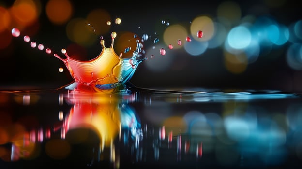 Dynamic photo of a water droplet creating a colorful splash with bokeh light effects in the background.