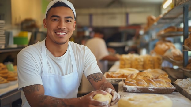 Diverse Baker Smiling in Artisan Bakery Preparing Fresh Bread Inclusivity in Culinary Arts photo