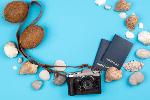 camera,coconuts, shells and documents on a blue background.Background for the traveler photo