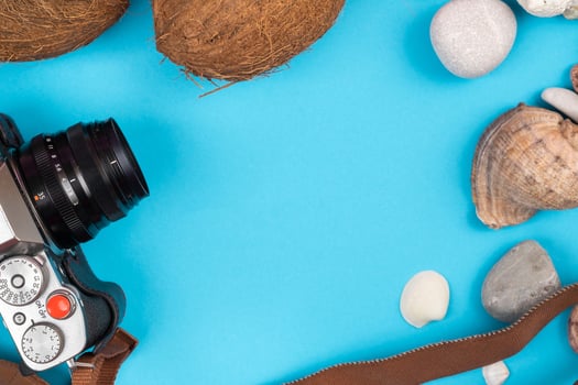 camera,coconuts and shells on a blue background.Background for the traveler photo
