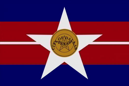 Flag of the city of Dallas, Texas, USA, on a background of fabric texture. Conceptual collage photo