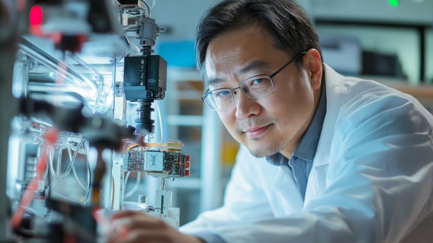 Focused East Asian Male Scientist with Glasses Working on Advanced Robotics Engineering in Modern Laboratory photo