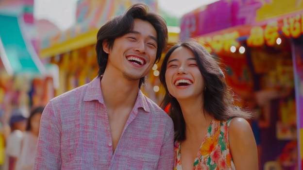 Joyful Asian Couple Enjoying a Colorful Festival Perfect for Summer Vacation, Travel, Happiness, Lifestyle Poster Design photo