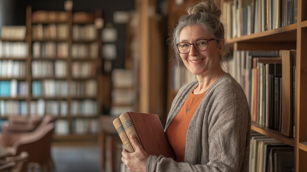 Mature Woman Holding Books in Cozy Library Setting for Knowledge and Education Stock Photo Use