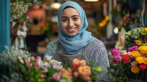 Smiling Muslim Woman with Light Blue Hijab and Floral Apron in a Colorful Flower Shop photo