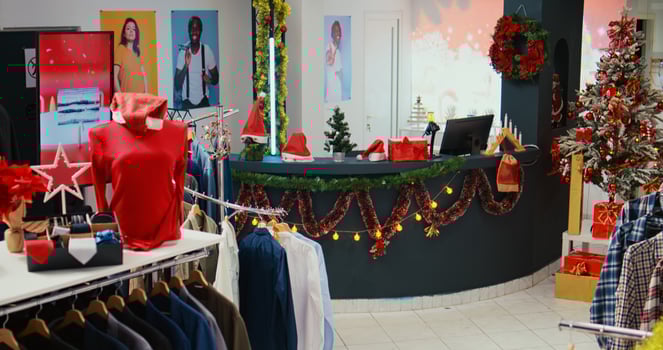 Jib down shot of festive fashion boutique filled with beautifully decorated xmas tree, garlands and merry Christmas digital screens. Empty shopping mall store with clothes on racks photo