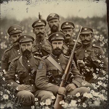 group of First World War soldiers stands proudly posing with their weapons in a field showcasing their uniforms and camaraderie in this retro portrait. photo