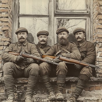 Four soldiers from World War I sit confidently by a window brandishing their rifles. Their expressions reflect a mix of determination and camaraderie during wartime. photo