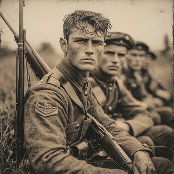 group of First World War soldiers sits for a newspaper feature showcasing their weapons and uniform in a vintage earnest portrayal of military life. photo