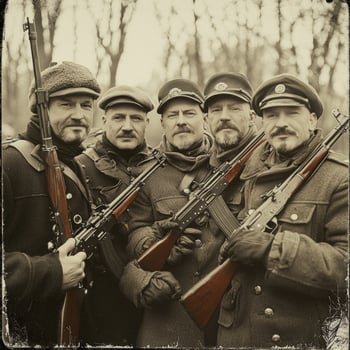 group of First World War soldiers stands together confidently displaying their rifles while wearing distinctive uniforms captured in a retro style. photo