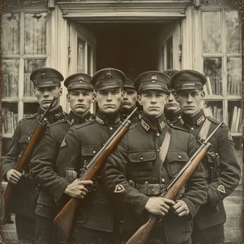 group of soldiers stands confidently each holding a rifle posed outside a building. The retro style highlights their uniforms reflecting the era of the First World War. photo
