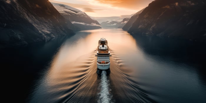 A cruise ship glides through a peaceful fjord at sunset, surrounded by majestic mountains and calm waters. photo