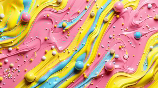 Vibrant abstract art with pink, yellow, blue waves and candy sprinkles. Perfect for backgrounds and creative projects. photo