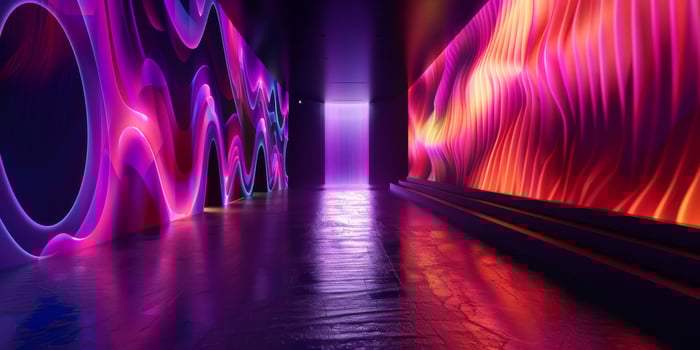 The futurisminspired hallway glows with radiant neon lights, abstract swirls and waves in vivid colors photo