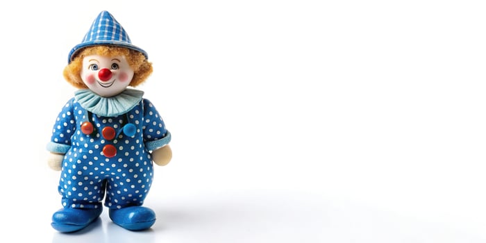 Lone porcelain clown in blue dotted overalls isolated on white background photo