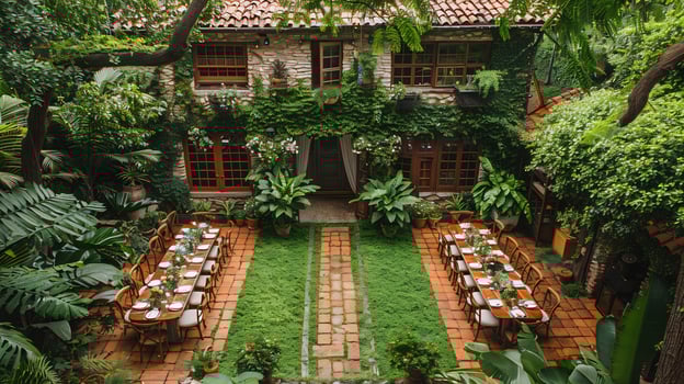 Top down view of outdoor party setup with tables chairs and a dance floor surrounded by a lush garden white isolated background photo