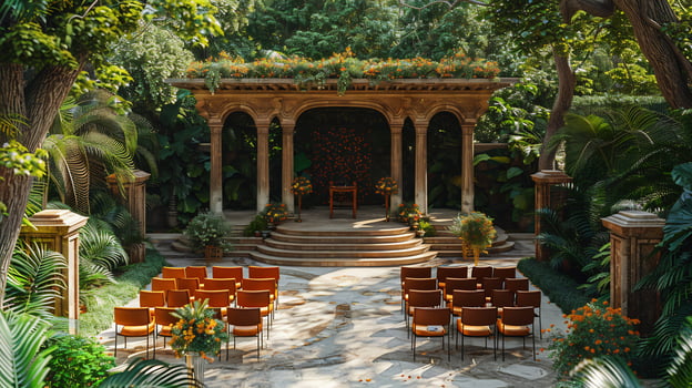 Top down view of outdoor event venue with neatly arranged chairs and a stage setup perfect for a ceremony white isolated background photo