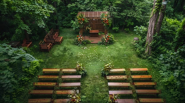 Top down view of wedding ceremony setup with chairs facing an altar all neatly arranged on a green lawn white isolated background photo