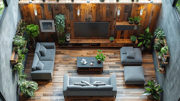 Top down view of simple living room setup with a sofa coffee table and a television relaxing ambiance on a white isolated background photo
