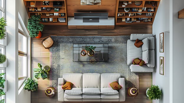 Top down view of modern apartment living room with a sleek couch glass coffee table and bookshelf minimalistic design white isolated background photo