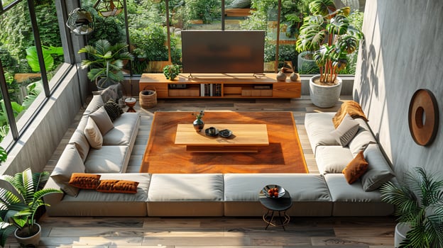 Top down view of modern living room with a cozy sectional sofa a coffee table and a TV unit on white isolated background photo