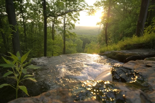 Behold a breathtaking forest waterfall, descending over rocks, bathed in the warm glow of a stunning sunset photo