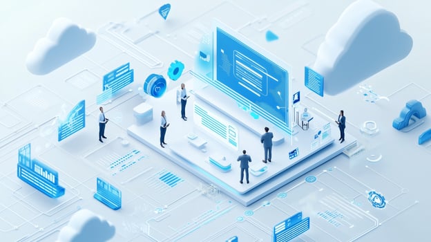 Digital transformation in a modern workspace with professionals collaborating on technology solutions in a virtual environment photo