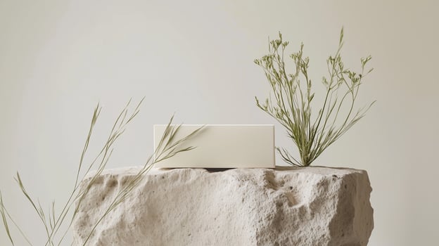 A minimalist display of a white rectangular object atop a textured stone with delicate greenery against a neutral backdrop photo