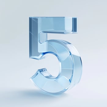 A translucent blue glass number five displayed against a soft light background, emphasizing elegance and clarity in design photo