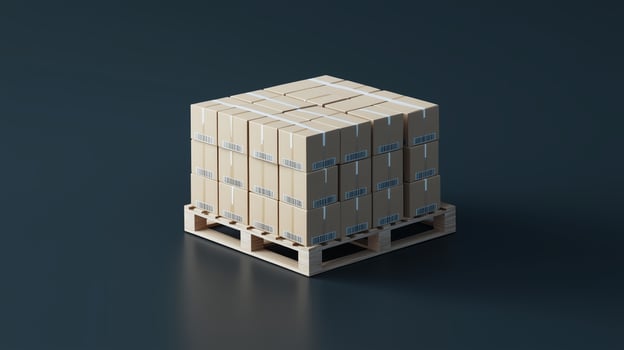 Stack of cardboard boxes on a wooden pallet in a warehouse setting, prepared for shipping logistics and distribution activities photo