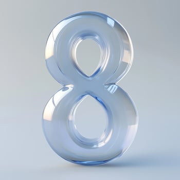 A clear glass number eight sculpture reflecting light against a soft, neutral background in a minimalistic setting photo
