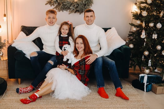 Close-up portrait of a happy family sitting on a sofa near a Christmas tree celebrating a holiday photo