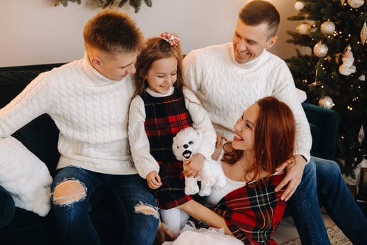 Close-up portrait of a happy family sitting on a sofa near a Christmas tree celebrating a holiday photo